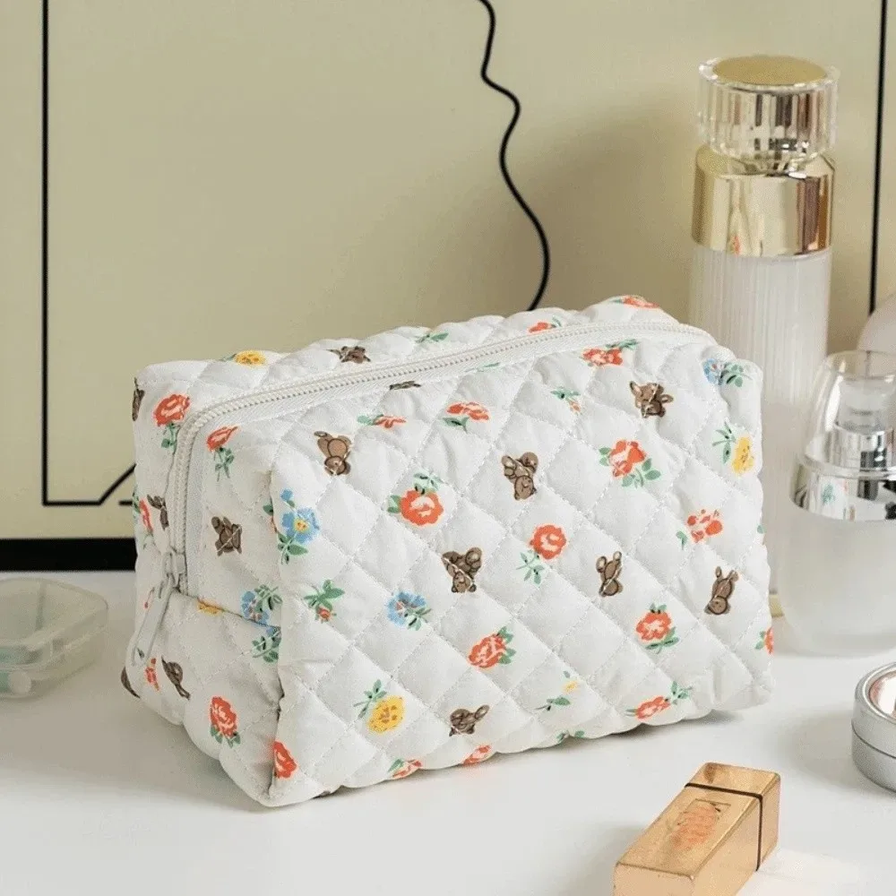 jolie trousse de maquillage matelassée, grande capacité, imprimé floral, trousse de toilette portable, élégant organisateur de cosmétiques pour femmes