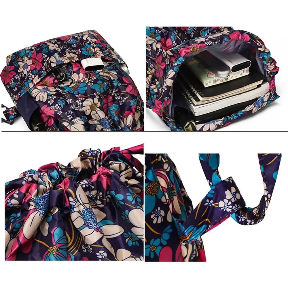 sac à dos multifonctionnel à imprimé floral avec cordon de serrage, en polyester imperméable, grande capacité, pliable, pour l'école, pour femmes