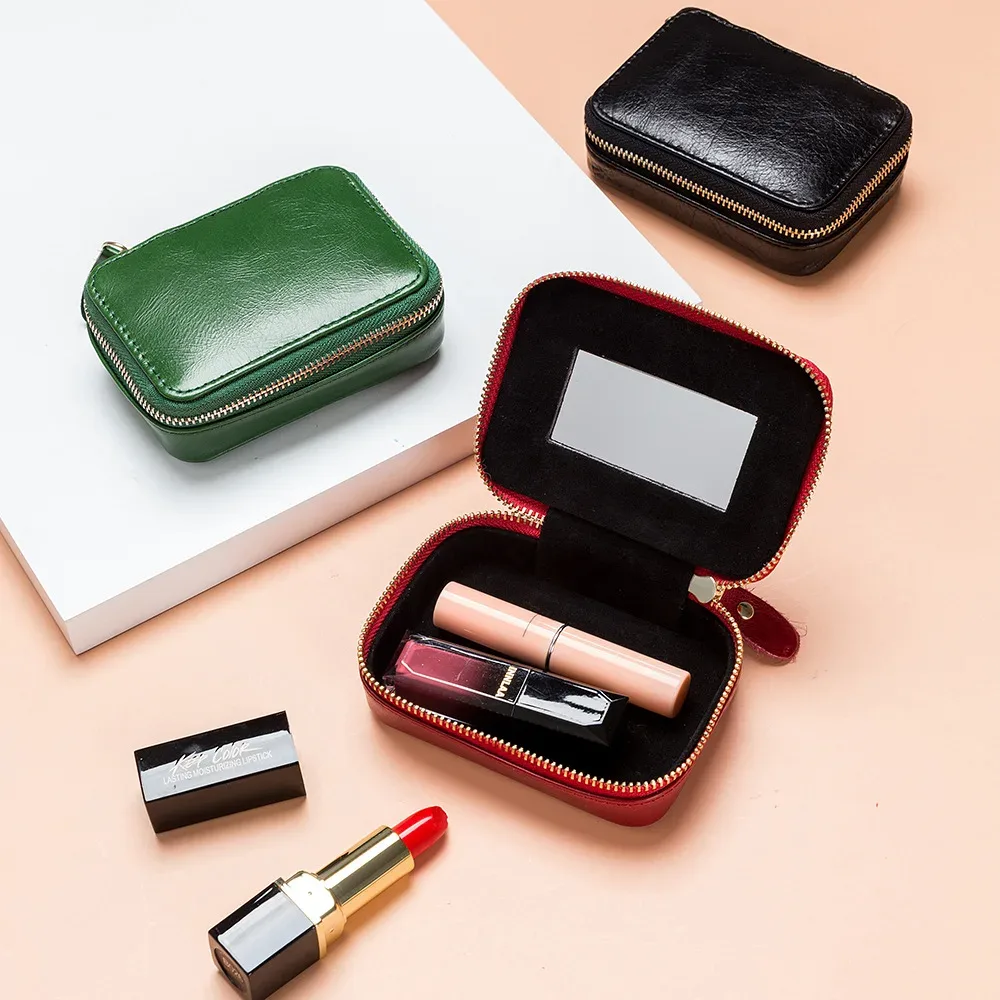 Petit sac carré en cuir véritable pour rouge à lèvres, avec miroir, sac de maquillage mignon en cuir de vache pour boîte à bijoux pour femmes, Mini sac de rangement pour pièces de monnaie