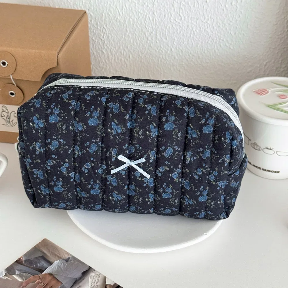 sac à cosmétiques de style coréen, sacs de rangement de voyage à fermeture éclair multi-tailles, sac matelassé de maquillage à carreaux avec nœud rose pour femmes et filles