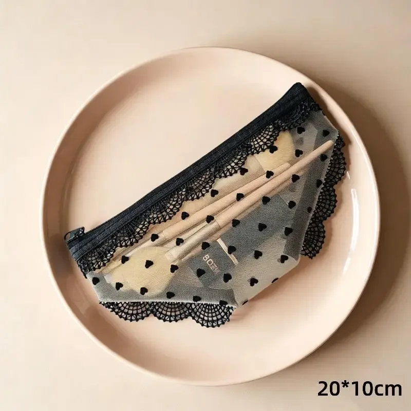 pochette cosmétique unique en dentelle et résille avec fermeture éclair élégante et portable pour un rangement pratique du maquillage et des articles personnels