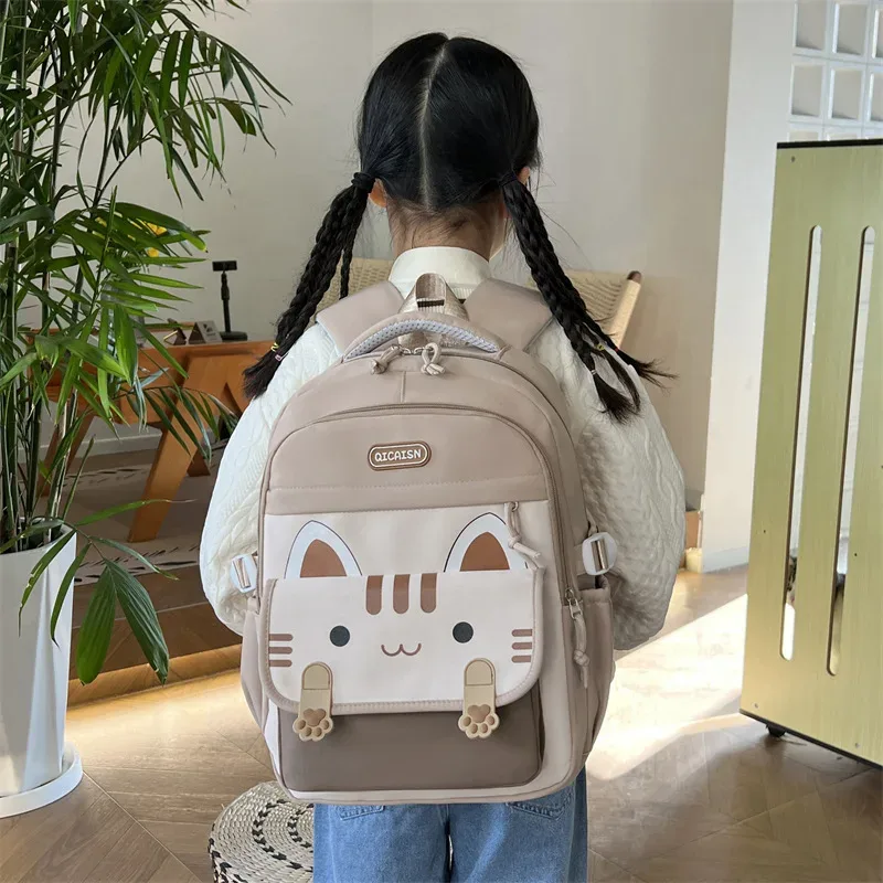 sac d'école à grande capacité avec imprimé chat kawaii, nylon, unisexe, style minimaliste urbain, sac à dos pour étudiants, sac à dos pour ordinateur portable de 14 pouces