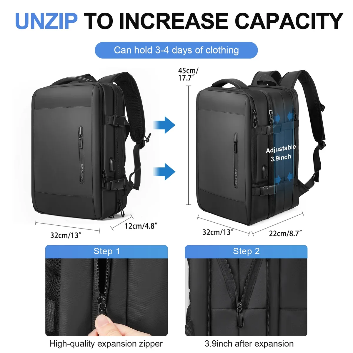 Sac à dos de voyage d'affaires minimaliste pour homme, grand sac à dos extensible pour ordinateur portable de 17 pouces, bagage de voyage antivol avec chargement USB