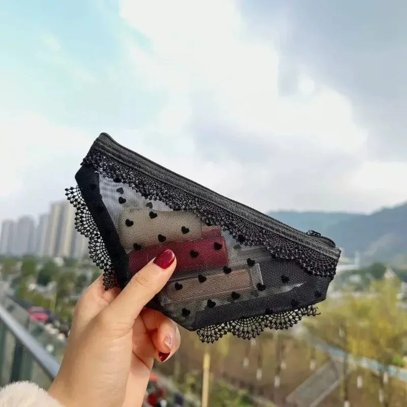 pochette de maquillage transparente y2k en maille et dentelle, forme cœur, style ins, trousse de toilette de voyage