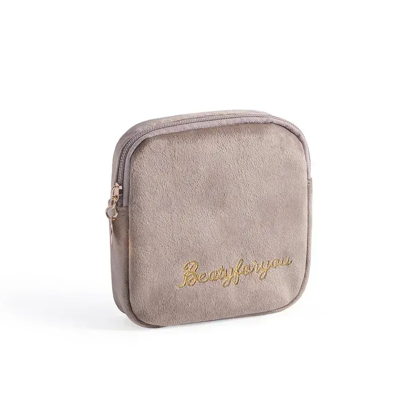 trousse de maquillage en velours avec fermeture éclair pour femme, trousses de toilette, broderie de lettres, poudres cosmétiques, monochromatique, femme