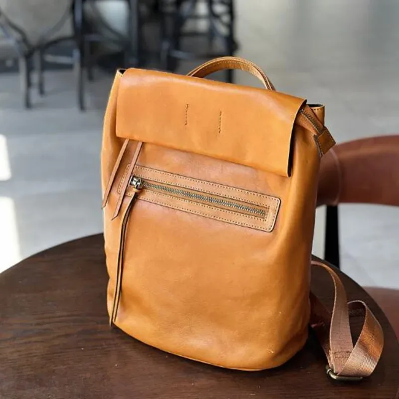 sac à dos femme en cuir grande capacité, nouveau style japonais vintage, en cuir de vachette tanné végétal, style académie
