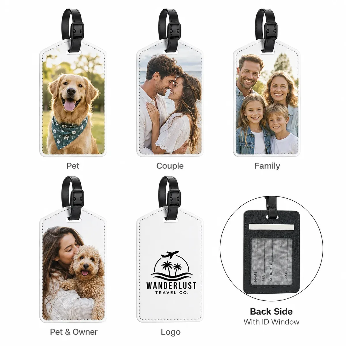 étiquettes de bagage personnalisées en cuir pu avec photo, étiquettes d'identification étanches avec image, pour voyage d'affaires, en cuir haut de gamme, pour carte d'embarquement