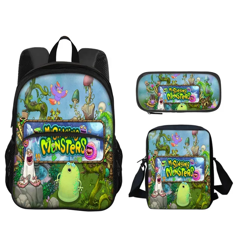 sac à dos my singing monsters, sac à stylos, sac à bandoulière, ensemble de 3 pièces imprimé pour garçons et filles de maternelle et d'école primaire