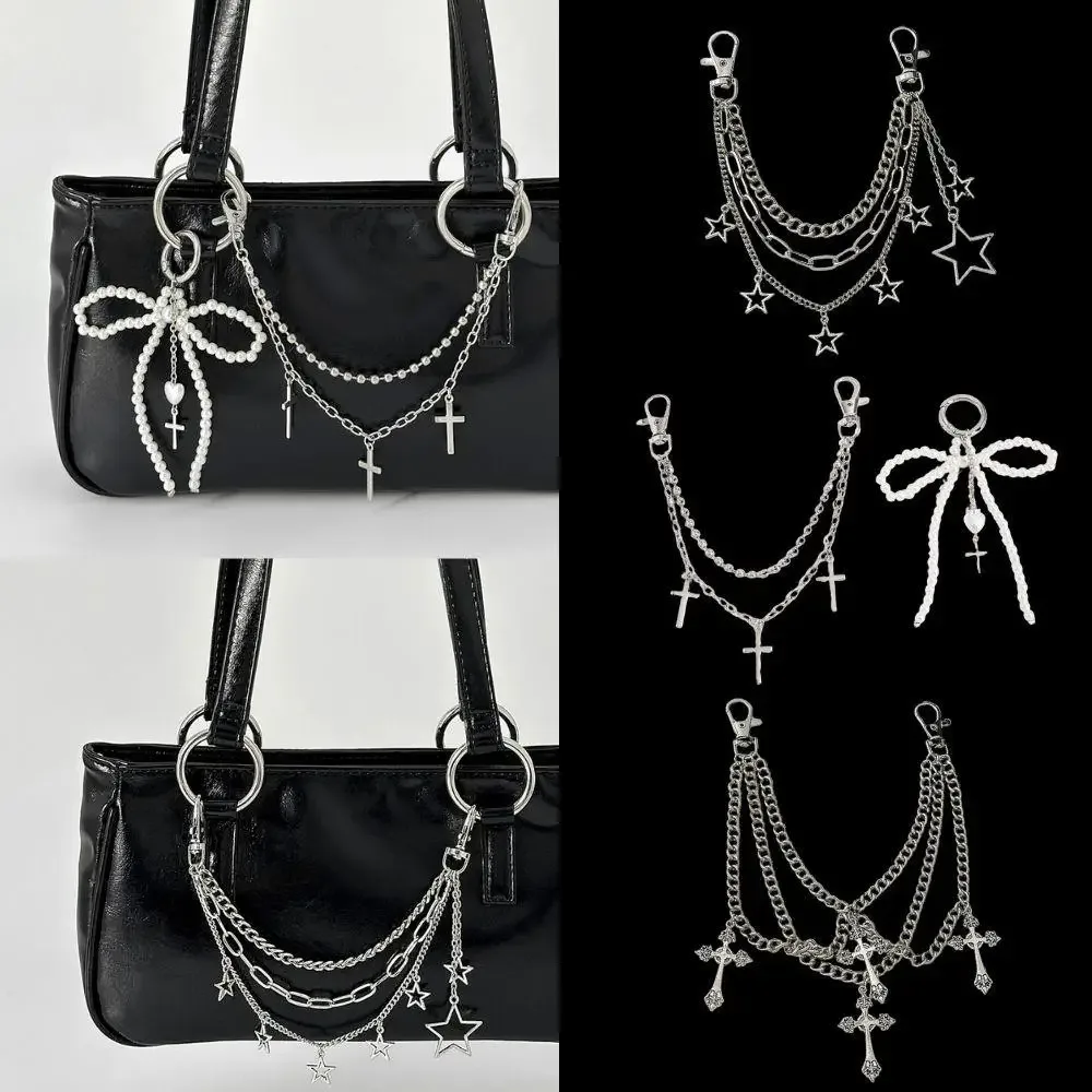 y2k – sangle de chaîne étoile en métal pour sacs, chaîne multicouche pour sac à main, poignées de bricolage, pendentif nœud papillon en perles, accessoire de chaîne de sac à bandoulière