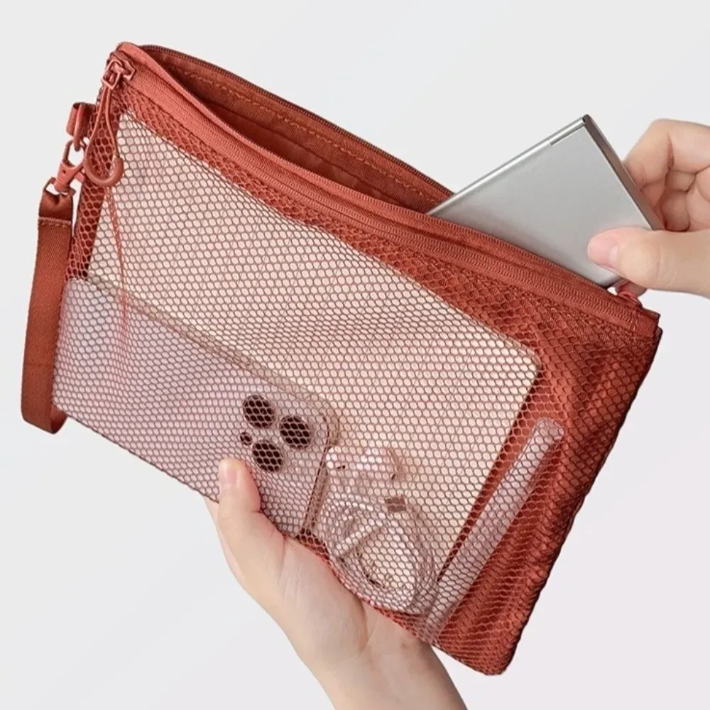 sac de rangement en maille légère, sac à cosmétiques en polyester de couleur unie, multifonctionnel avec fermeture éclair, pochette de maquillage à usage polyvalent