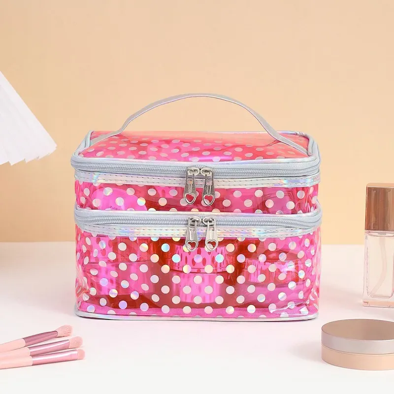 trousse de maquillage double couche en pvc transparent à pois, trousse de maquillage multifonctionnelle portable et étanche, grande capacité, rangement de voyage