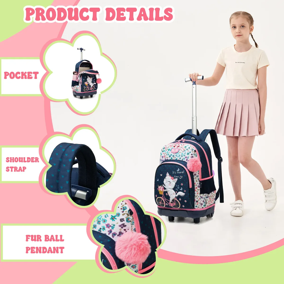 ensemble de 3 sacs à dos roulants élégants pour filles, parfaits pour les filles, avec bagages à roulettes, sac à déjeuner, trousse à crayons pour les voyages scolaires