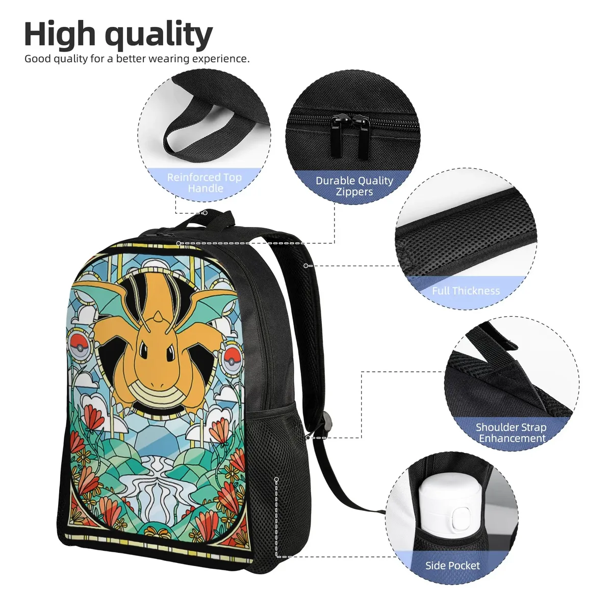 sacs à dos pokemon dragonite stained glass dragon type generation 1 daypack mochila journey sac à dos à fermeture éclair
