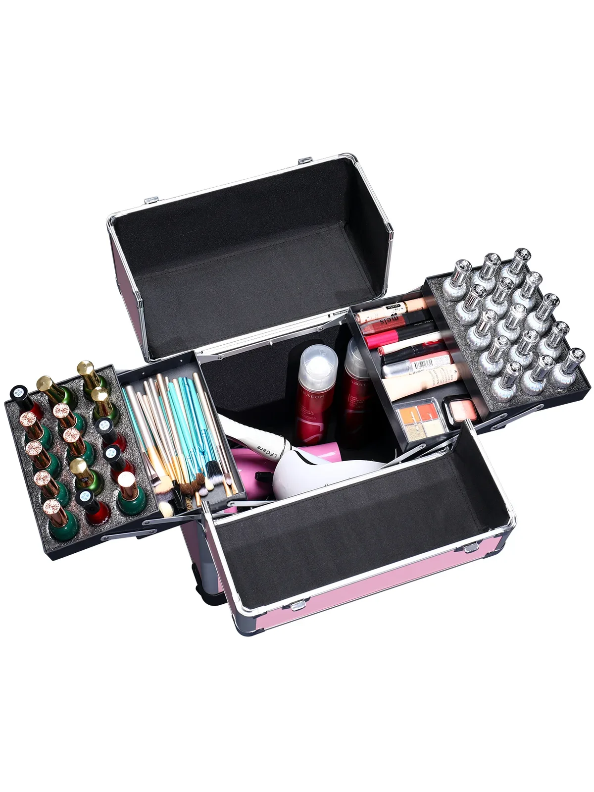 mallette de train de maquillage, chariot de maquillage roulant professionnel avec séparateurs réglables, organisateur de vernis à ongles, étui de train de voyage pour bijoux