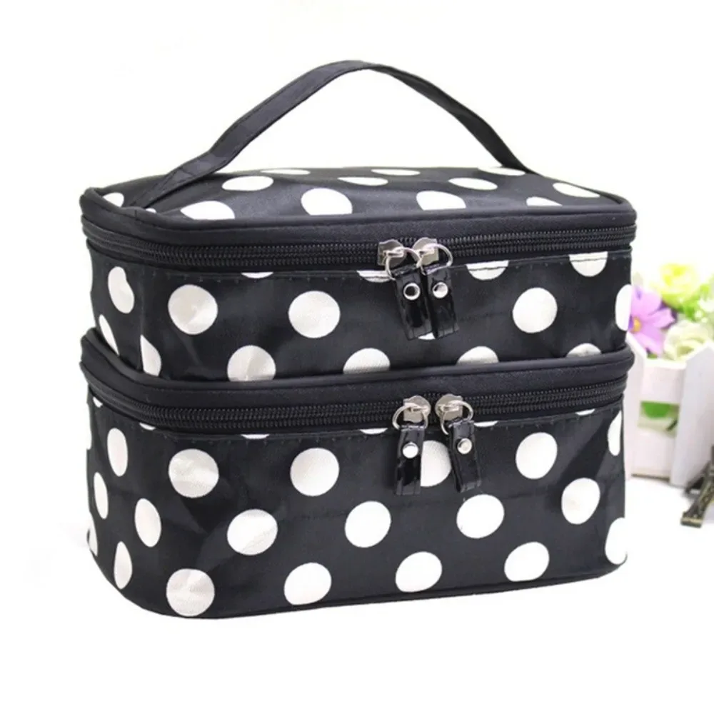 sac de maquillage double couche tendance, grande capacité, à pois, trousse de toilette portable, étui de maquillage de voyage