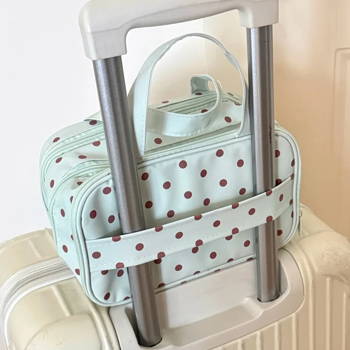 trousse de maquillage vert menthe à pois, grande capacité, compartiment à trois couches, sac de rangement étanche