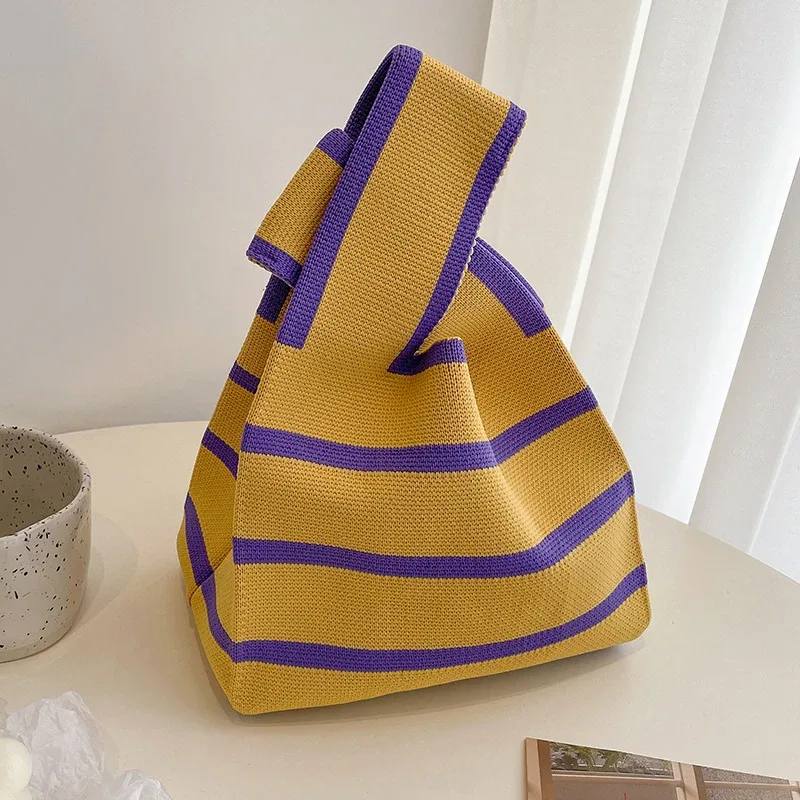 sac à main en tricot fait à la main pour femme, mini sac de poignet à nœud, sac fourre-tout à carreaux à large rayure, sacs à provisions réutilisables pour étudiants, document décontracté japonais