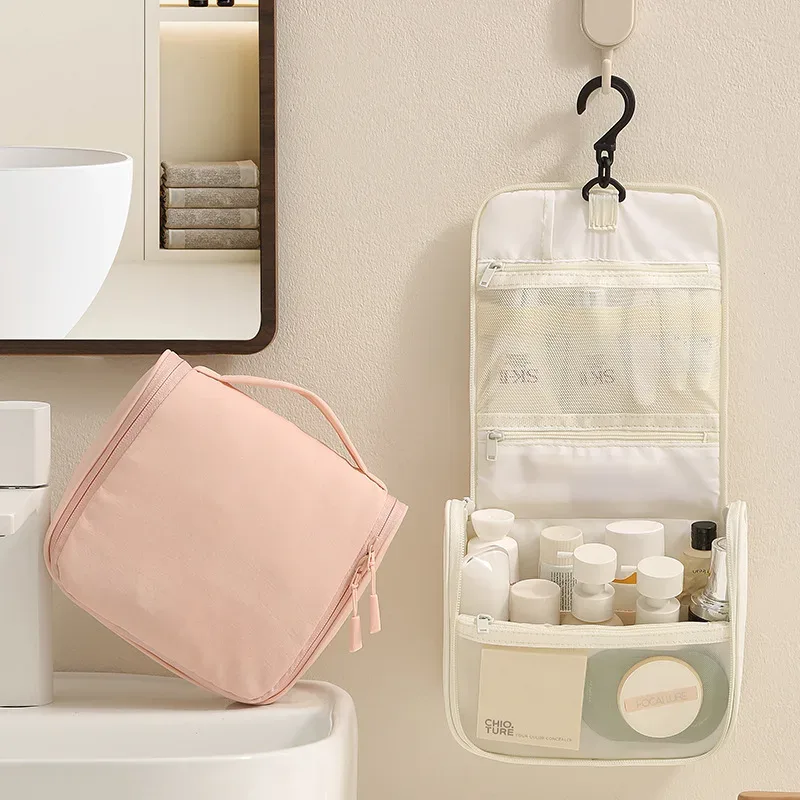 sac de toilette de voyage suspendu imperméable, organisateur de cosmétiques portable avec crochet, grande capacité, pochette de rangement pour maquillage et soins de la peau