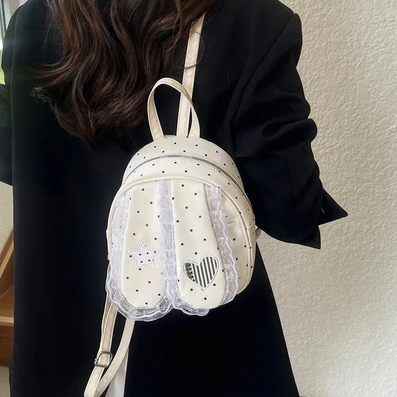 sac à dos à pois avec oreilles de lapin pour femmes, sac à bandoulière léger, sac à main en dentelle, sac fourre-tout mignon pour l'école et les voyages