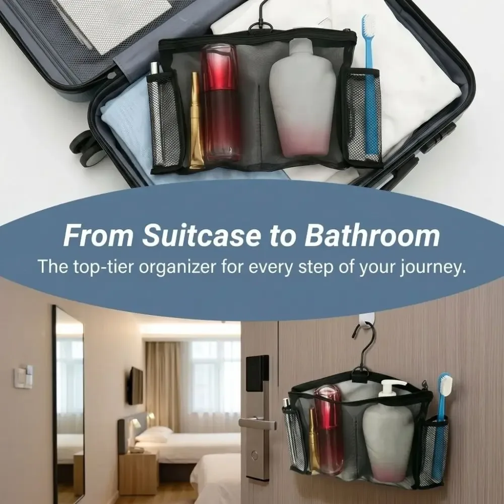 sac de toilette en maille avec crochet, organisateur de maquillage de voyage, fermeture éclair transparente, étui de rangement pour les sorties