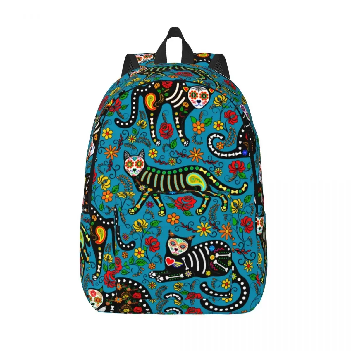 sac à dos d'école de grande capacité pour hommes et femmes, sac à dos étudiant, calavera, crâne de sucre, chats noirs, le jour de la fréquence