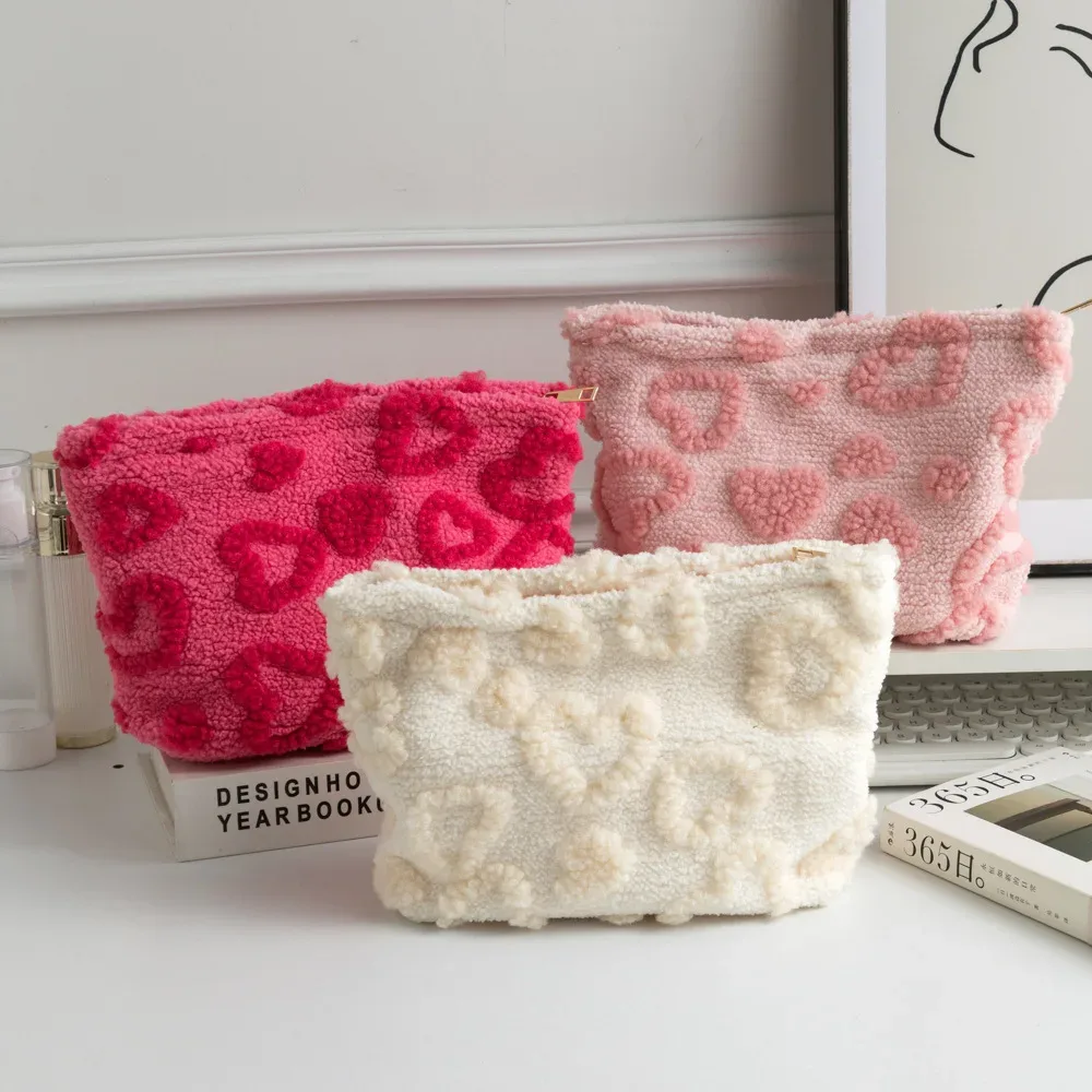 sac de rangement en peluche grande capacité, sac de maquillage portable de voyage, motif cœur, pochette de transport à main, cosmetiquera para maquillaje ravissant