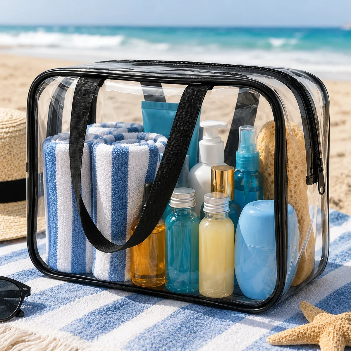 grande trousse de toilette transparente en pvc imperméable, organiseur de voyage avec poignées pour femmes, rangement pour salle de bain et plage