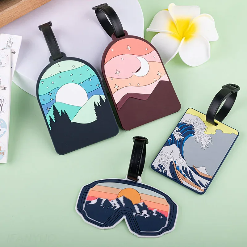 étiquette de bagage en pvc avec paysage de montagne et de nature, pour valise, sac de voyage et sac à dos, accessoire de voyage