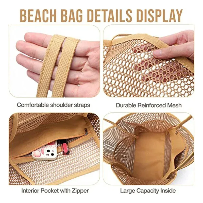 sac de plage en maille pour femmes, sac à bandoulière de grande capacité, sac de rangement portable de voyage, sac à main multifonction