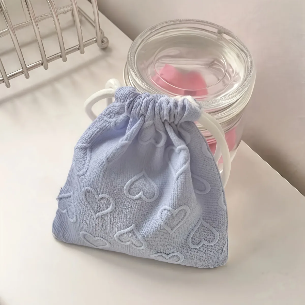 sac de rangement à cordon imprimé cœur mignon, 1 pièce, organisateur de voyage portable pour chargeurs, écouteurs et câbles de données, sac de rangement mignon