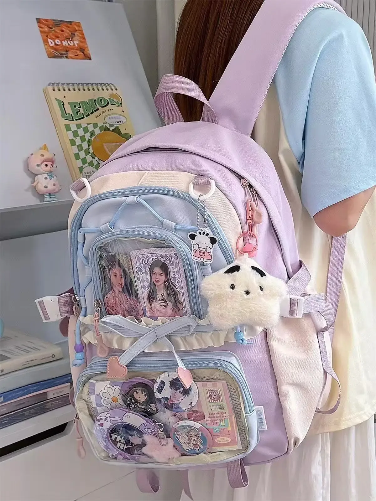 sac à dos ita transparent italife dopamine anmie pour femme, idéal pour la rentrée scolaire, style japonais, avec grandes volants et nœuds pour l'affichage des badges h259