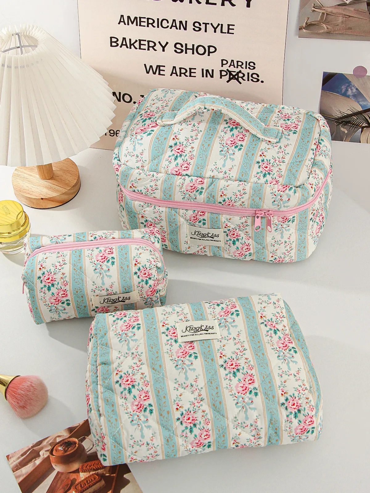 1 pièce/ensemble trousse de maquillage matelassée verte, trousse de maquillage florale ethnique, trousse de maquillage portable multifonctionnelle, trousse de maquillage de voyage