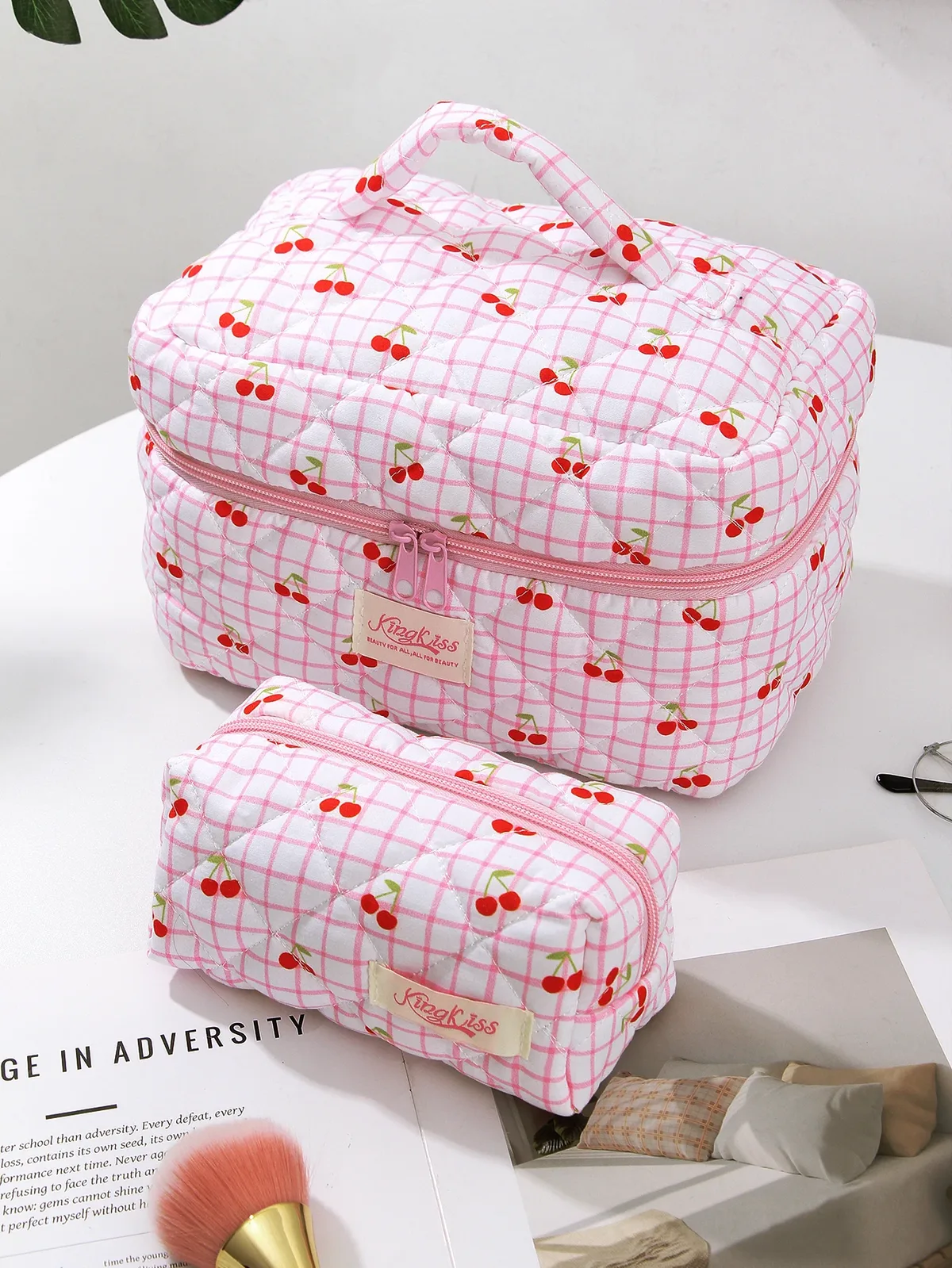 grand sac de maquillage matelassé cerise rose 1 pièce/ensemble, trousse de maquillage mignonne, trousse de maquillage de voyage, trousse de rangement de maquillage pour femmes et filles