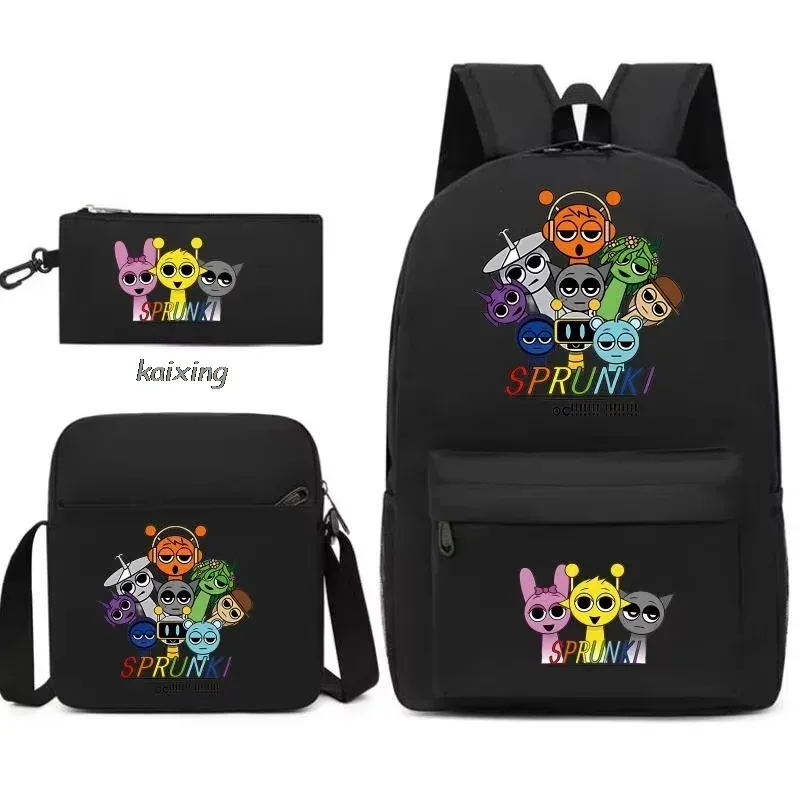 ensemble de 3 sacs à dos sprunki à imprimé anime, avec sac fourre-tout et pochette, grande capacité, léger et respirant, sac à dos décontracté tendance