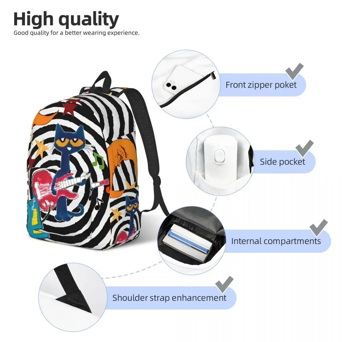 pete le chat j'aime mes chaussures blanches sac à dos cool lycée randonnée voyage dessin animé chats sac à dos pour hommes femmes ordinateur portable sacs en toile