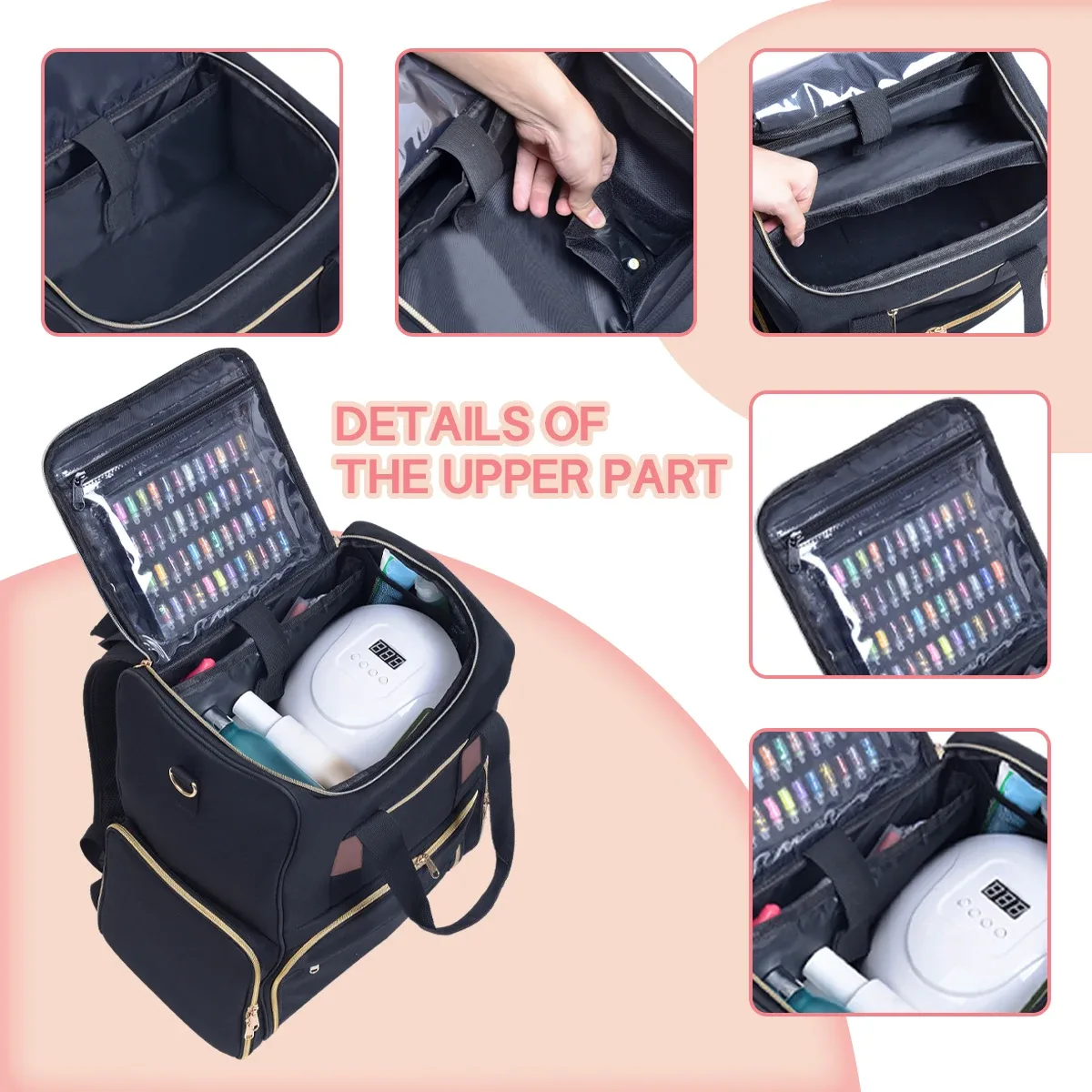 uozl – sac à dos organisateur de vernis à ongles, contient 80 bouteilles et une lampe à ongles, fournitures avec 2 étuis amovibles, sac de rangement professionnel tr