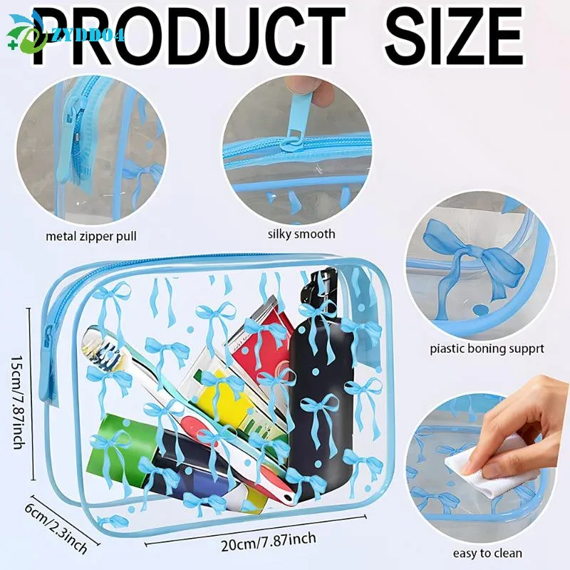 ● 1pcs pochette en nylon pvc imperméable à imprimé nœud mignon, sac à maquillage transparent, pochette zippée pour articles de toilette, sacs cosmétiques