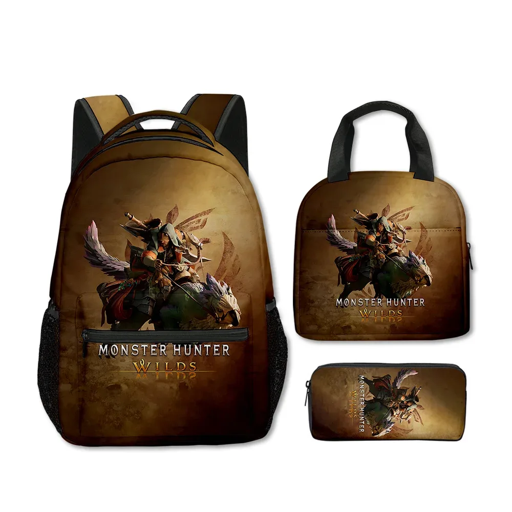 sacs d'école classiques populaires et amusants avec impression 3d de monstres sauvages, 3 pièces/ensemble, sac à dos de voyage, sac à déjeuner portable, trousse à crayons
