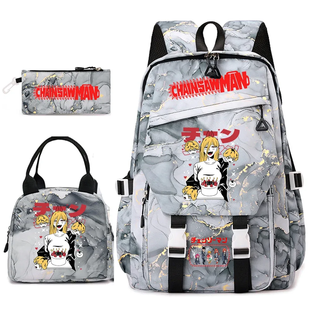 ensemble de sacs à dos pour étudiantes avec imprimé chainsaw man anime, pour filles, avec sac à lunch et trousse à crayons, pour une utilisation quotidienne à l'école