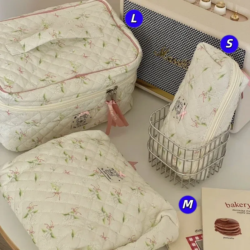 sac de rangement pour cosmétiques en coton matelassé, trousse de toilette de voyage portable, trousse de maquillage à pois vert menthe, grande capacité, style ins