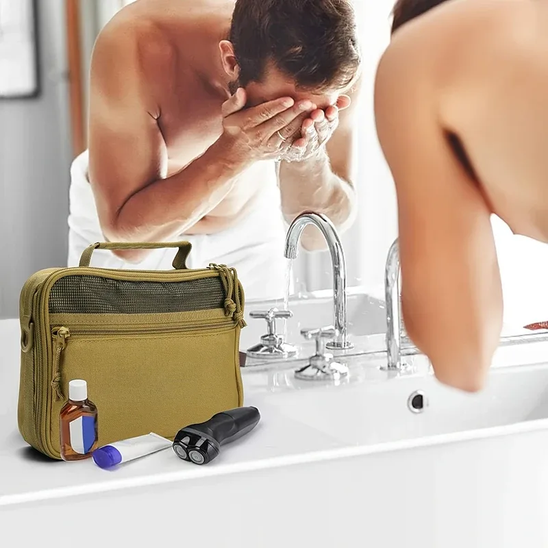 Trousse de Toilette Portable pour Homme en Tissu Oxford Kaki, Organisateur de Voyage Multi-Poches Suspendu pour la Pêche en Plein Air et les Courts Séjours