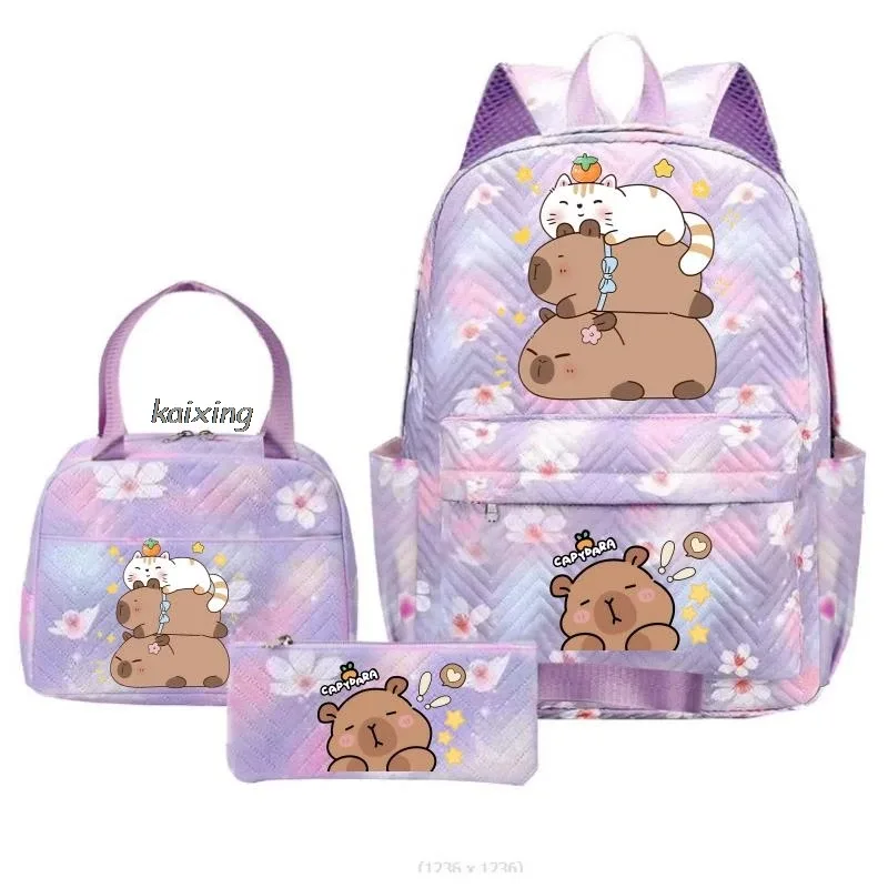sacs à dos kawaii imprimés capybara, ensemble sac d'école, sac à déjeuner, trousse à crayons, cadeau de rentrée scolaire pour fille, sacs de loisirs, mochila, sacs de voyage pour adolescents