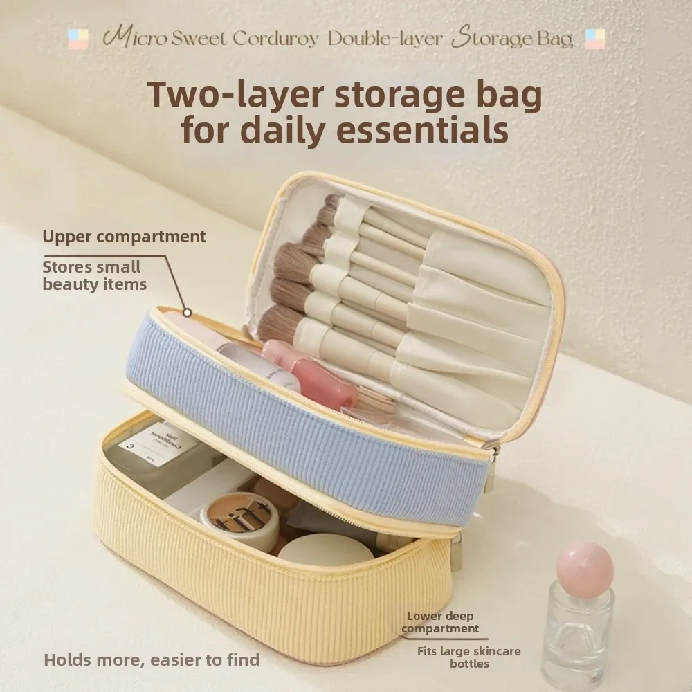 Sac de rangement double couche à fermeture éclair, en matériau souple, sac à cosmétiques portable, sac de toilette à grande capacité