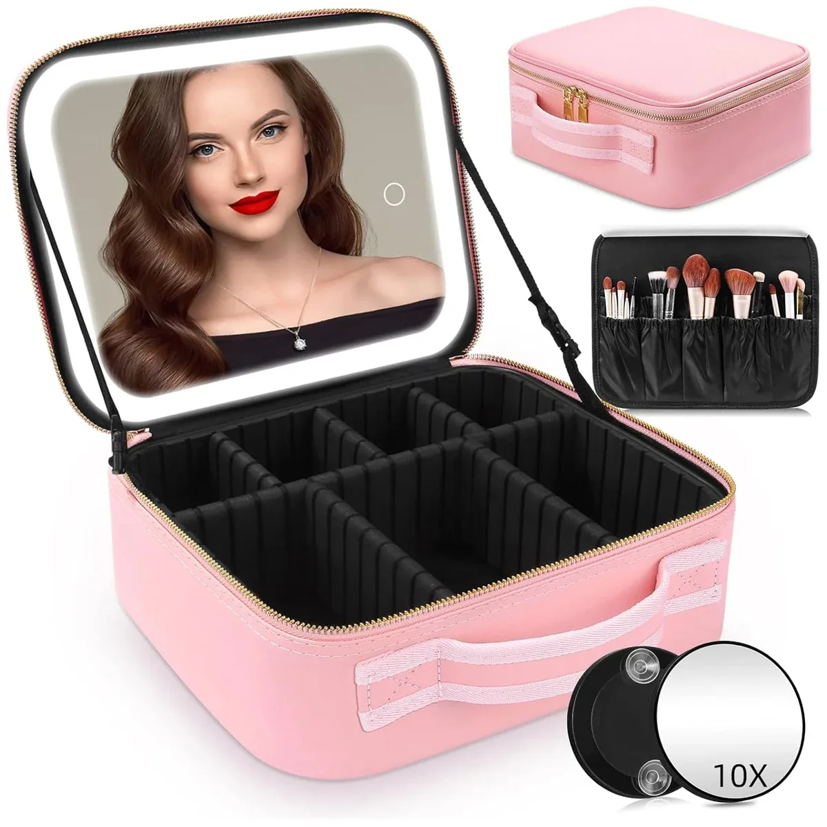 trousse de maquillage de voyage avec miroir d'une mallette de train portable éclairée par led avec séparateurs réglables et miroir grossissant détachable 10x