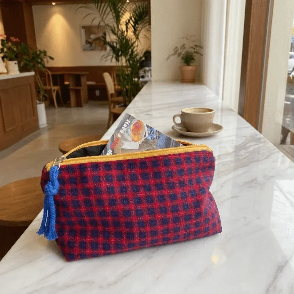 Trousse de maquillage simple à carreaux avec fermeture éclair, organiseur de cosmétiques portable, grande capacité, porte-monnaie léger pour femme