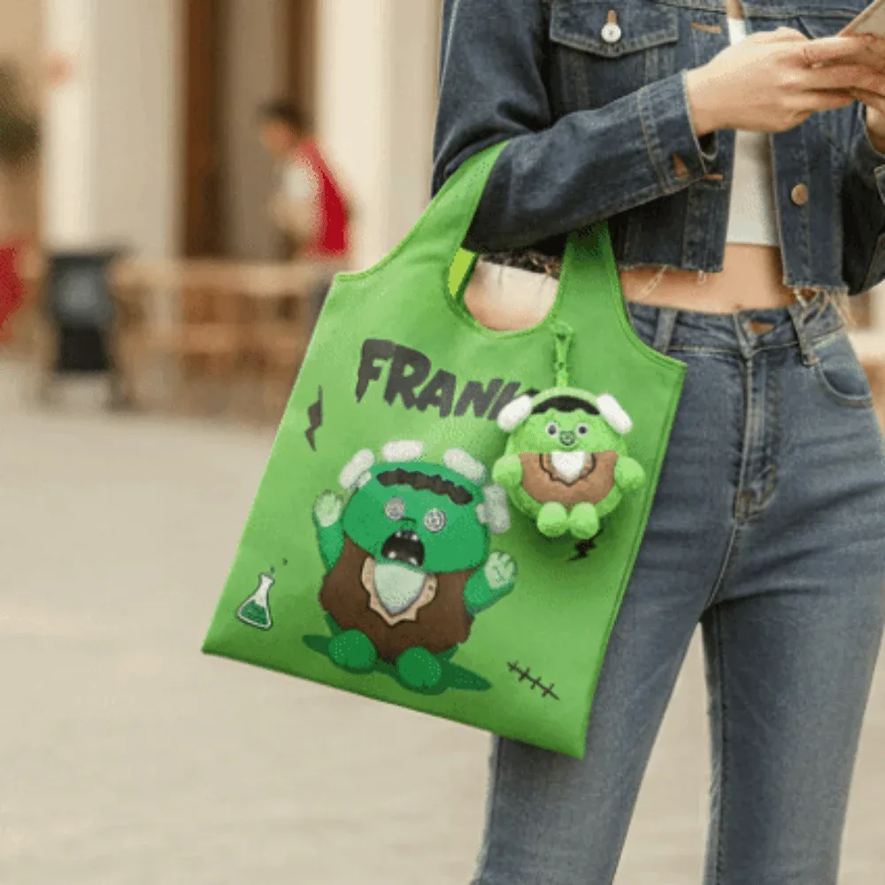 sac fourre-tout d'épicerie halloween couleur unie, mini sac à main de dessin animé peu encombrant, étui en peluche, sac 2-en-1 pliable rapidement, pochette porte-breloque