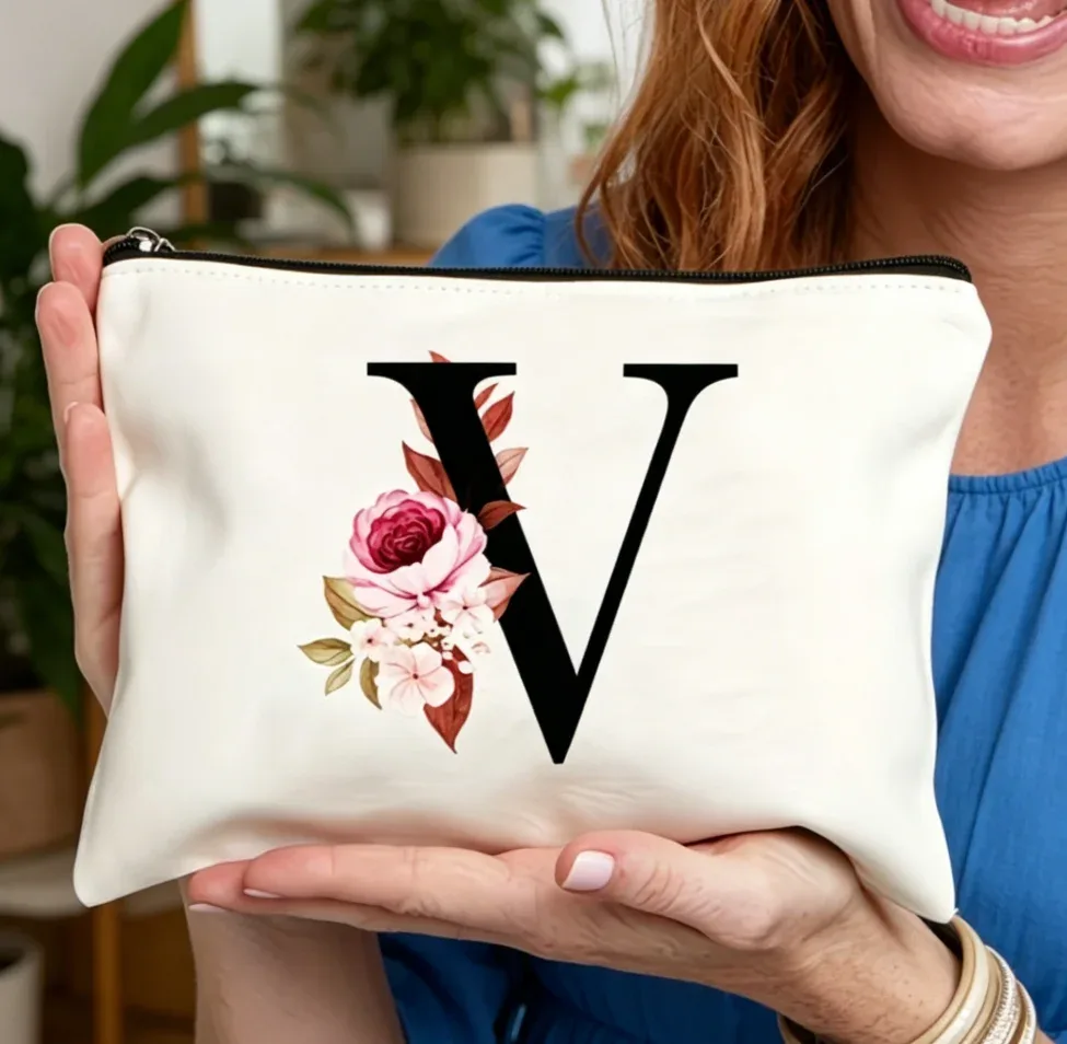 sac à fermeture éclair élégant avec motif de lettres et de fleurs, trousse de maquillage polyvalente, trousse à cosmétiques légère pour femmes a-z, 1 pièce