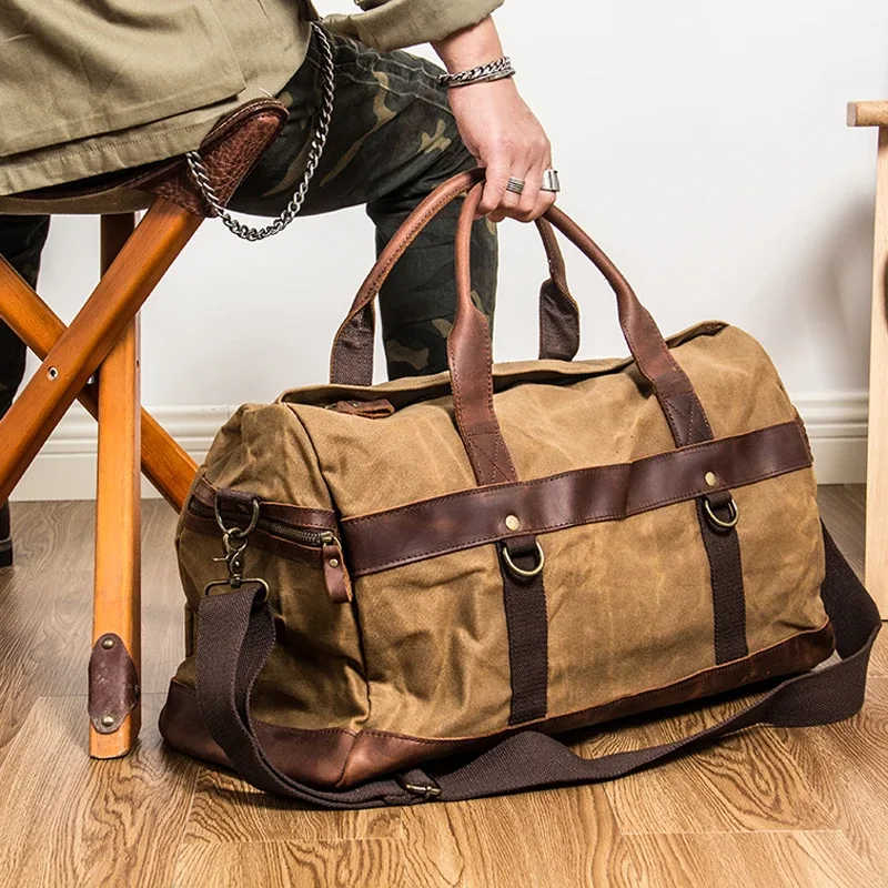 Sac de voyage pour homme en toile cirée imperméable et cuir, sac à main, sac de cabine, grand sac fourre-tout vintage, sac de week-end, grand sac de nuit.