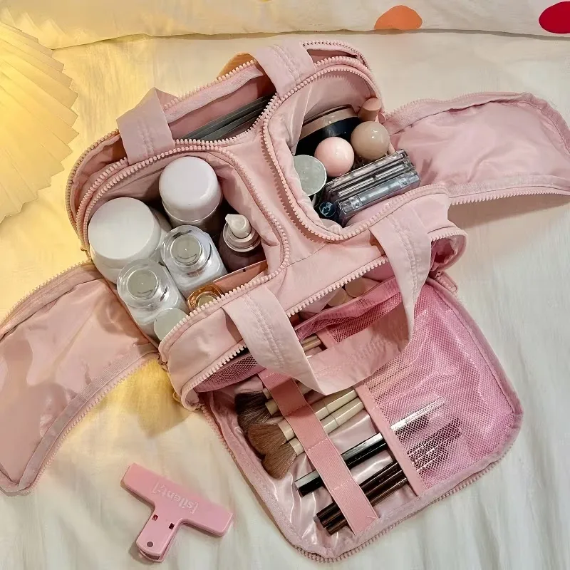 nouvelle trousse de maquillage de voyage verticale, grande capacité multi-zones avec poignée, trousse de toilette portable multi-compartiments pour femme