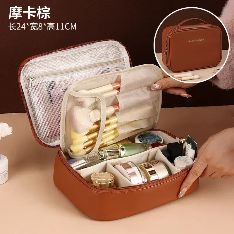 grande trousse de maquillage portable avec panneau à pinceaux amovible, étui de rangement cosmétique de voyage pour femmes